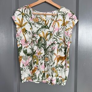 Rachel Zoe Tropical Jaguar Printed 100% Linen Short Sleeve Top Size Medium